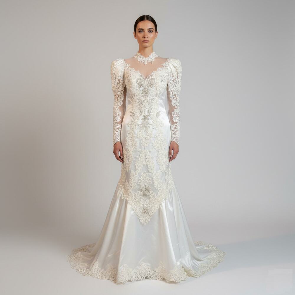 Vintage Private Label by G Mermaid Wedding Gown Size 12 Ivory Beaded High Neck